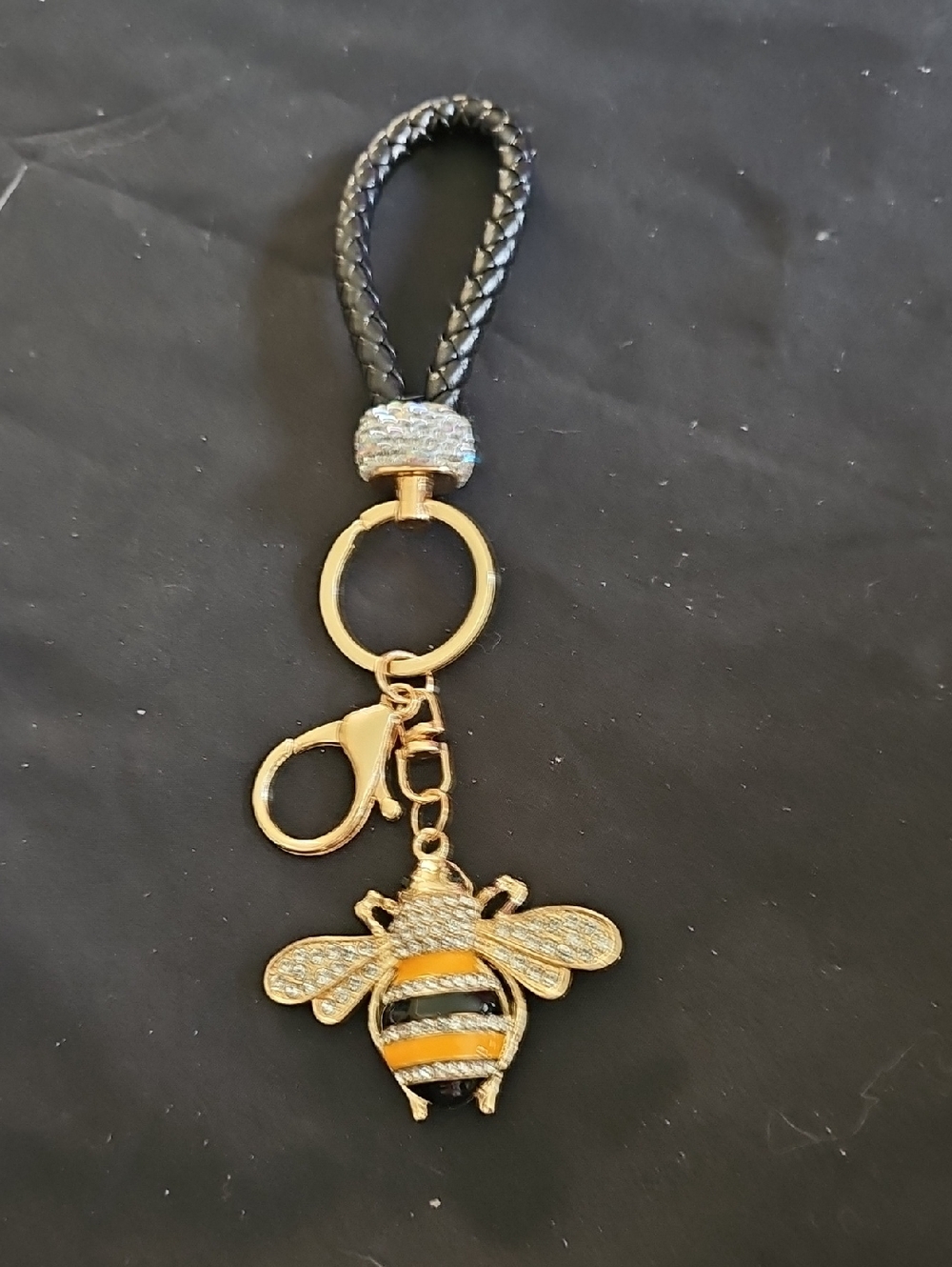 Gold Bee Keychain with Black Braided Strap
